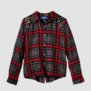 Freshman 1996 Plaid Button-Up Blouse W/ Sequin Bling Shoulders